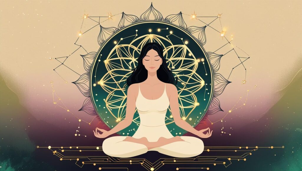 Digital illustration of a symmetrical female figure—one side illuminated with technology circuits, the other resembling cracked earth—evoking the inner transformation from burnout to balance.