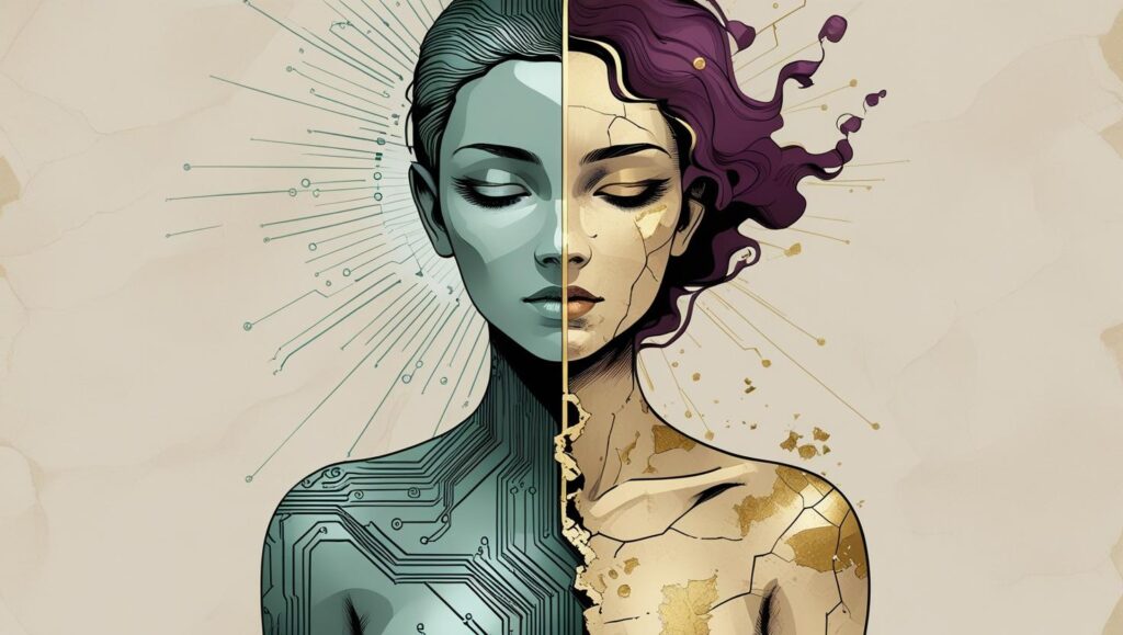 Stylized vector illustration of a female figure split in half—one side formed by circuit board patterns, the other crumbling into fragments—symbolizing the split between technology and burnout.