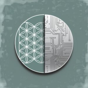 Illustration of a circle. On the left is a representation of the flower of life and on the right is a circuit board.