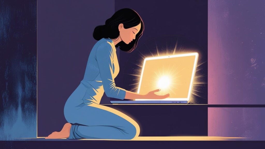 Woman kneeling before a laptop in a dimly lit room