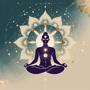 Vector illustration of a meditating figure inside a glowing mandala with circuit board patterns, symbolizing the integration of technology and spirituality in the digital age