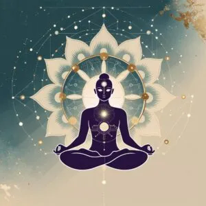 Vector illustration of a meditating figure inside a glowing mandala with circuit board patterns, symbolizing the integration of technology and spirituality in the digital age