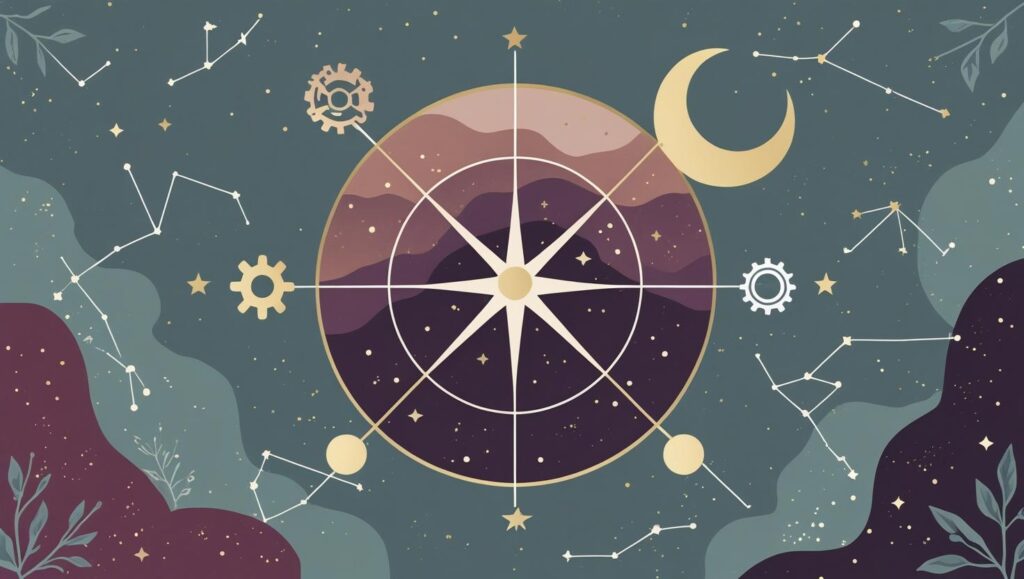 Elegant compass rose overlayed with sacred geometry and subtle circuit lines, symbolizing balanced self-awareness and intentional direction in the digital age.
