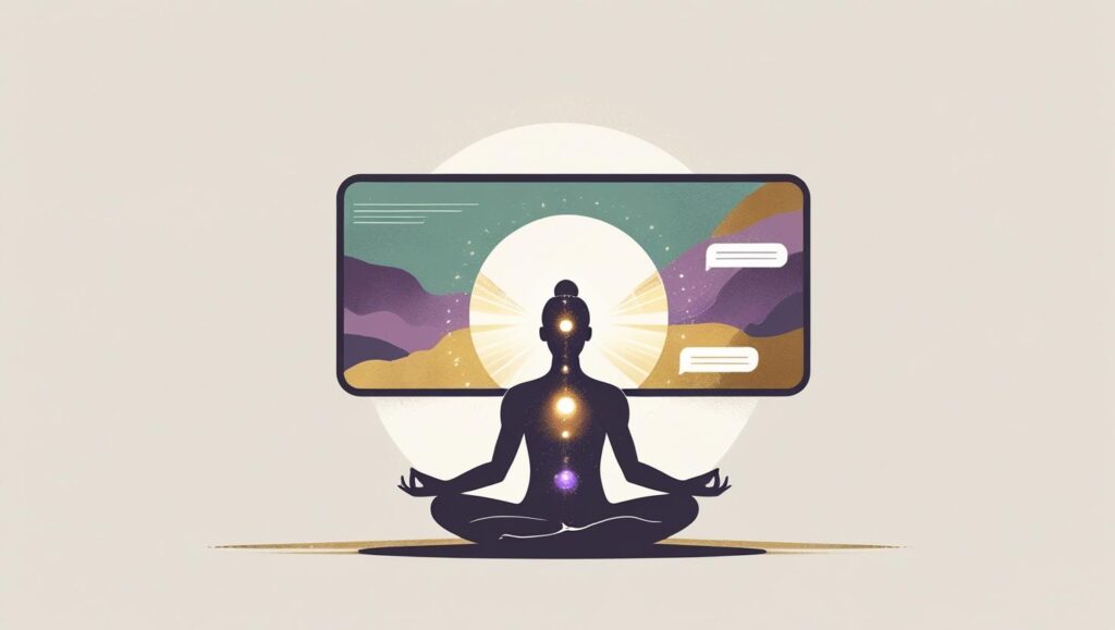 Person sits meditating before a screen with three chakras glowing