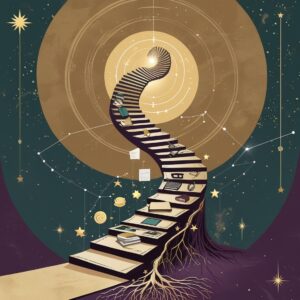     Flat vector illustration of a symbolic spiral staircase ascending from ancient wisdom symbols to modern tools, culminating in a glowing mandala that represents integrated personal growth in the digital age.
