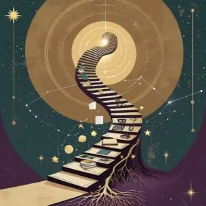 Flat vector illustration of a symbolic spiral staircase ascending from ancient wisdom symbols to modern tools, culminating in a glowing mandala that represents integrated personal growth in the digital age.