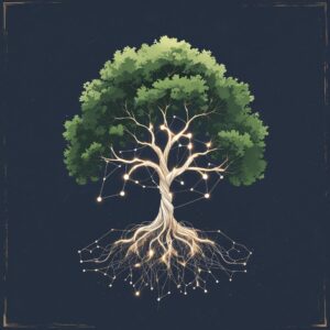 Illustration of a golden tree with roots as circuits