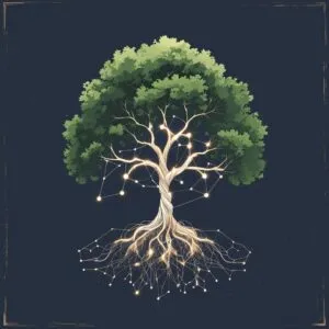 Illustration of a golden tree with roots as circuits