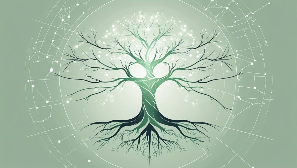 Illustration of a tree surrounded by a constellation