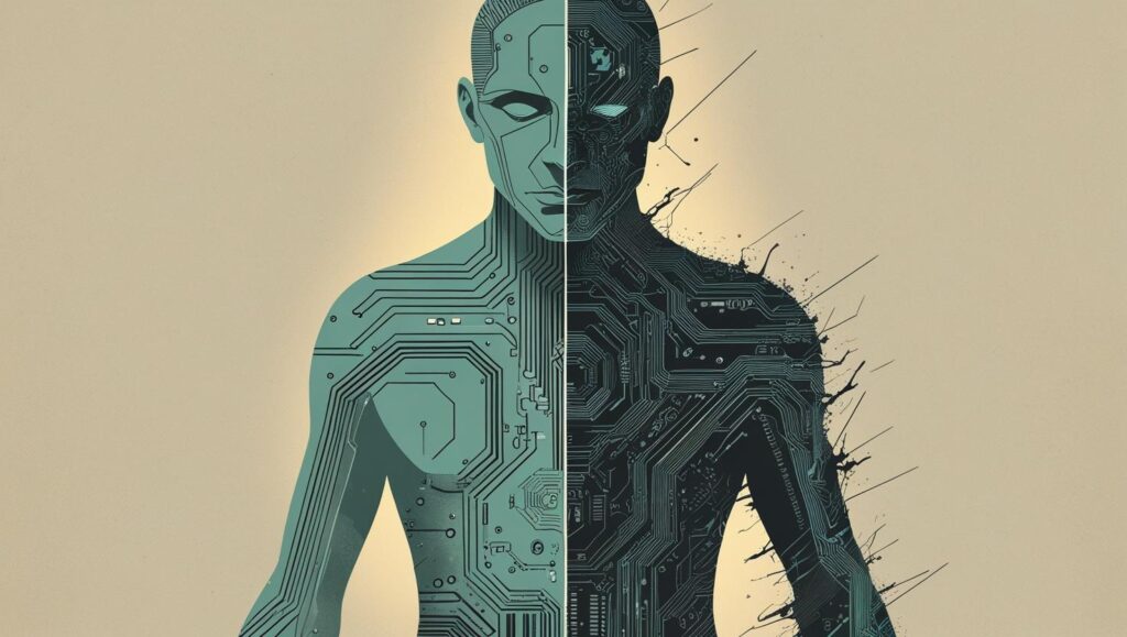 Figure of a man half human, half circuitry