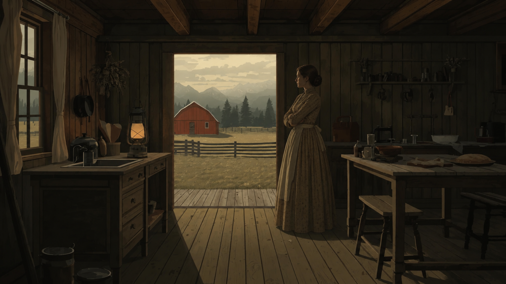 Interior of a rustic farm home in 1855 depicting Yesteryear by Caro Claire Burke
