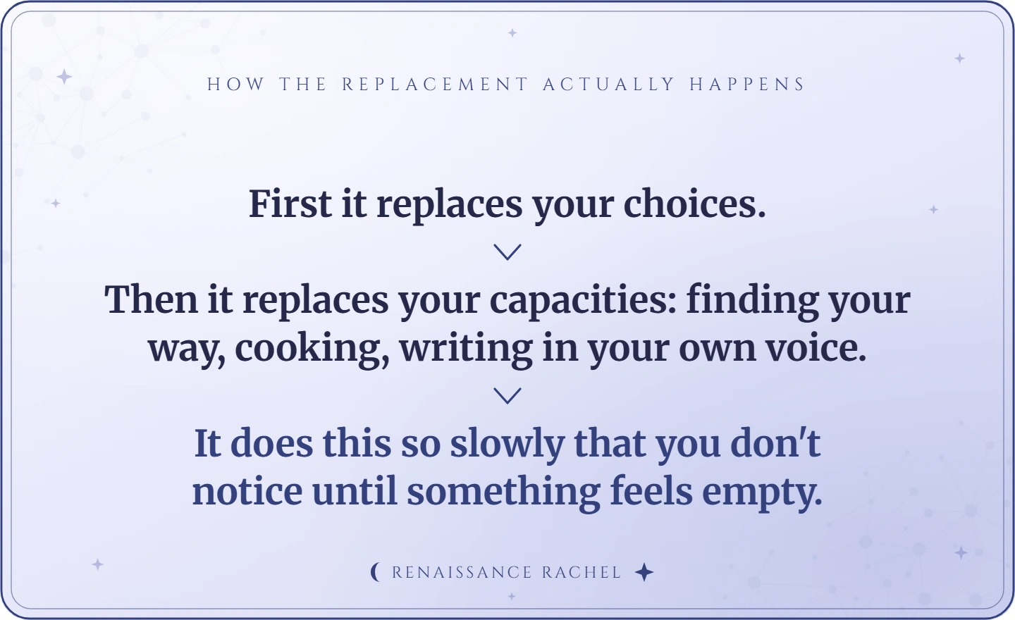 First it replaces your choices, then your capacities, so slowly you don't notice.